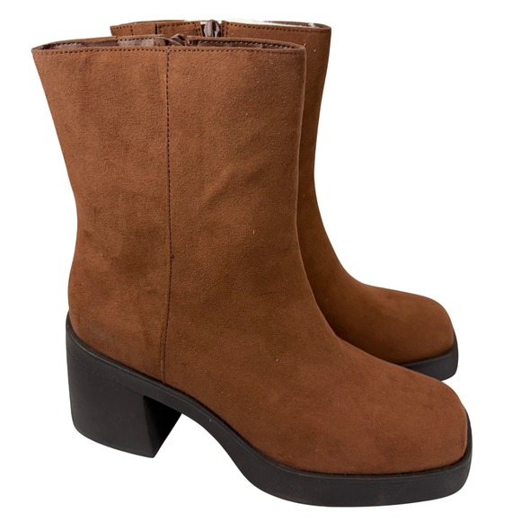 Sun + Stone Tiannaa Platform Booties 10M Brown Faux Suede Block Heel - Picture 3 of 9